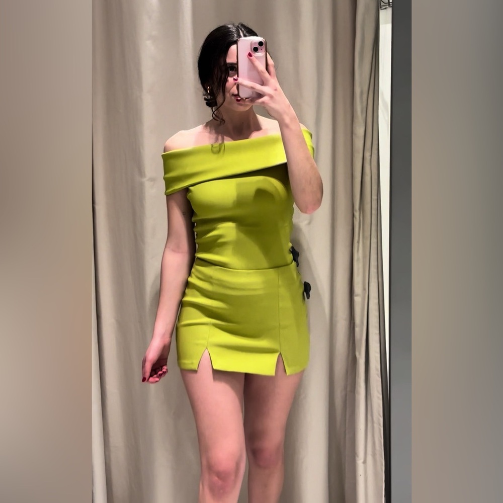Zara Olive Green Off-Shoulder Skirt Set - Picture 5 of 11